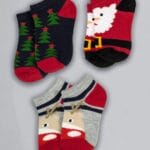 Calcetines navideños conjunto de tres pares unisex, festivos con diseños de Papá Noel, reno y árbol.