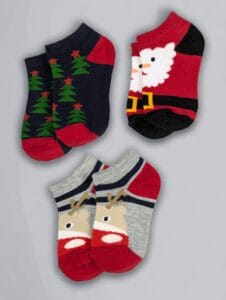 Calcetines navideños conjunto de tres pares unisex, festivos con diseños de Papá Noel, reno y árbol.