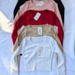Crop Tops de Manga Larga para Mujer - Blusas de Tejido Canelado en Colores Clásicos