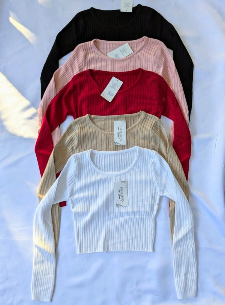 Crop Tops de Manga Larga para Mujer - Blusas de Tejido Canelado en Colores Clásicos