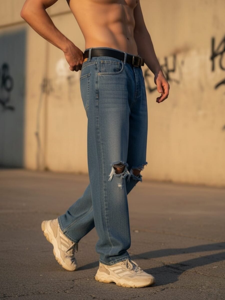 Pantalón Baggy para hombres (Pantalón+Faja) marca REDOX, flojos de mezclilla rasgados