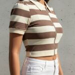 Blusas para damas de algodón, camisas para mujeres a rayas con zippers, estilo polo de cuello (sport)con escarcha