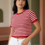 Crop top, camisas para mujeres a rayas, blusas de damas de algodón, camisas de cuello redondo