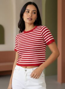 Crop top, camisas para mujeres a rayas, blusas de damas de algodón, camisas de cuello redondo