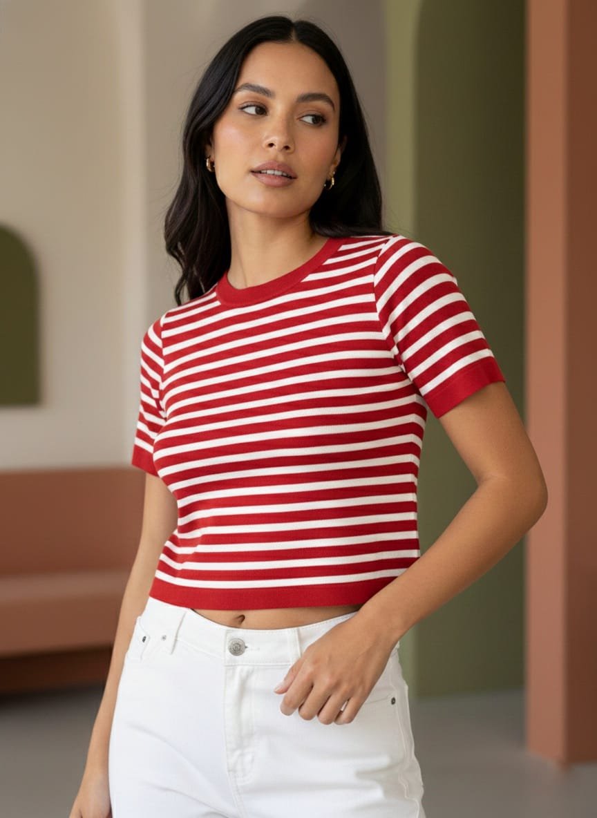 Crop top, camisas para mujeres a rayas, blusas de damas de algodón, camisas de cuello redondo