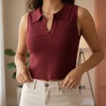 Blusas para damas de algodón, camisas estilo polo crop top, sin mangas de cuello, sport para mujeres
