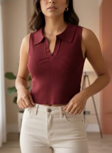 Blusas para damas de algodón, camisas estilo polo crop top, sin mangas de cuello, sport para mujeres