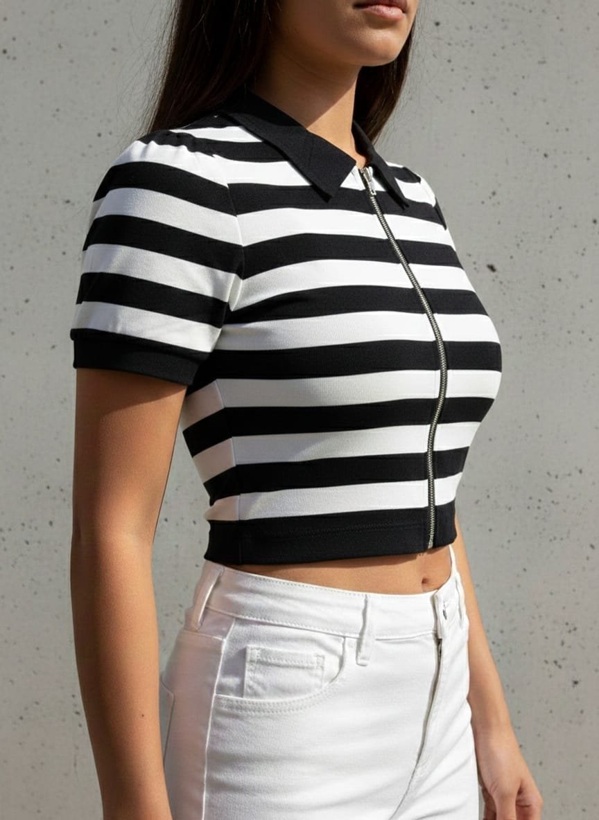 Blusas para damas de algodón, camisas para mujeres a rayas con zippers, estilo polo de cuello (sport)con escarcha