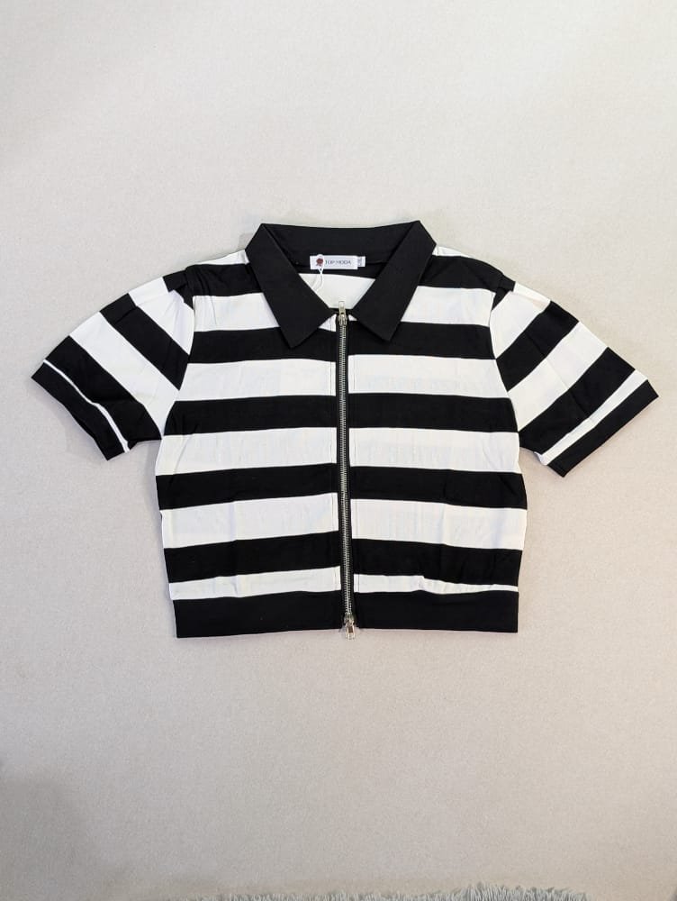 Blusas para damas de algodón, camisas para mujeres a rayas con zippers, estilo polo de cuello (sport)con escarcha