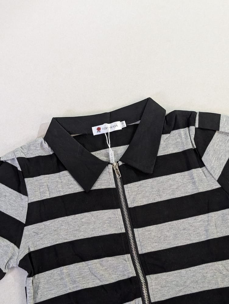 Blusas para damas de algodón, camisas para mujeres a rayas con zippers, estilo polo de cuello (sport)con escarcha