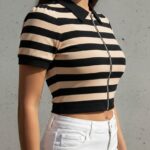Blusas para damas de algodón, camisas para mujeres a rayas con zippers, estilo polo de cuello (sport)con escarcha
