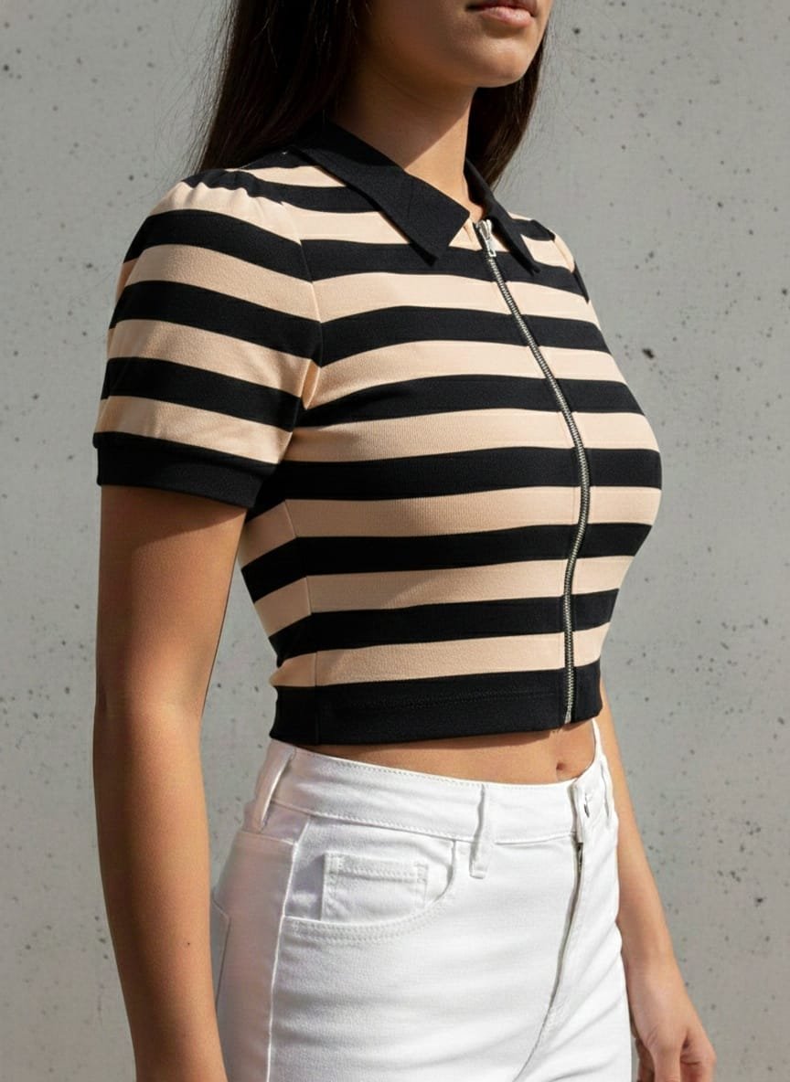 Blusas para damas de algodón, camisas para mujeres a rayas con zippers, estilo polo de cuello (sport)con escarcha