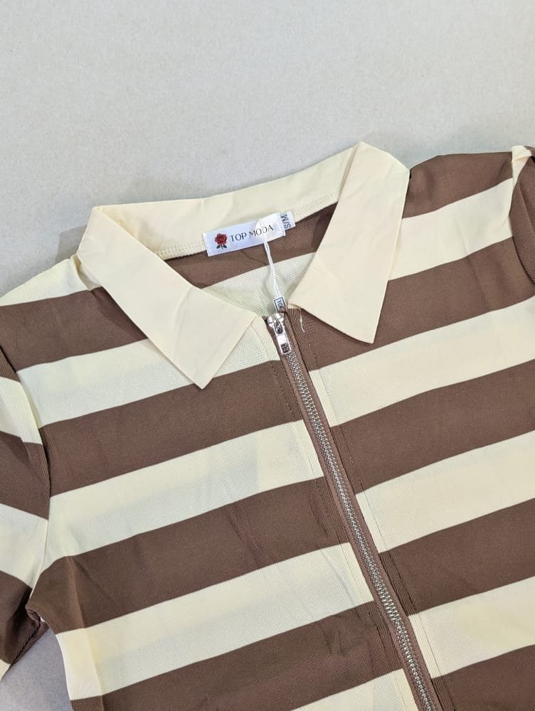 Blusas para damas de algodón, camisas para mujeres a rayas con zippers, estilo polo de cuello (sport)con escarcha