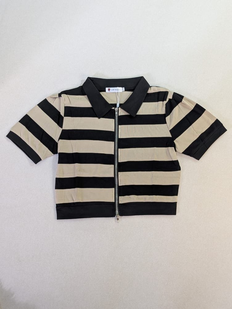 Blusas para damas de algodón, camisas para mujeres a rayas con zippers, estilo polo de cuello (sport)con escarcha