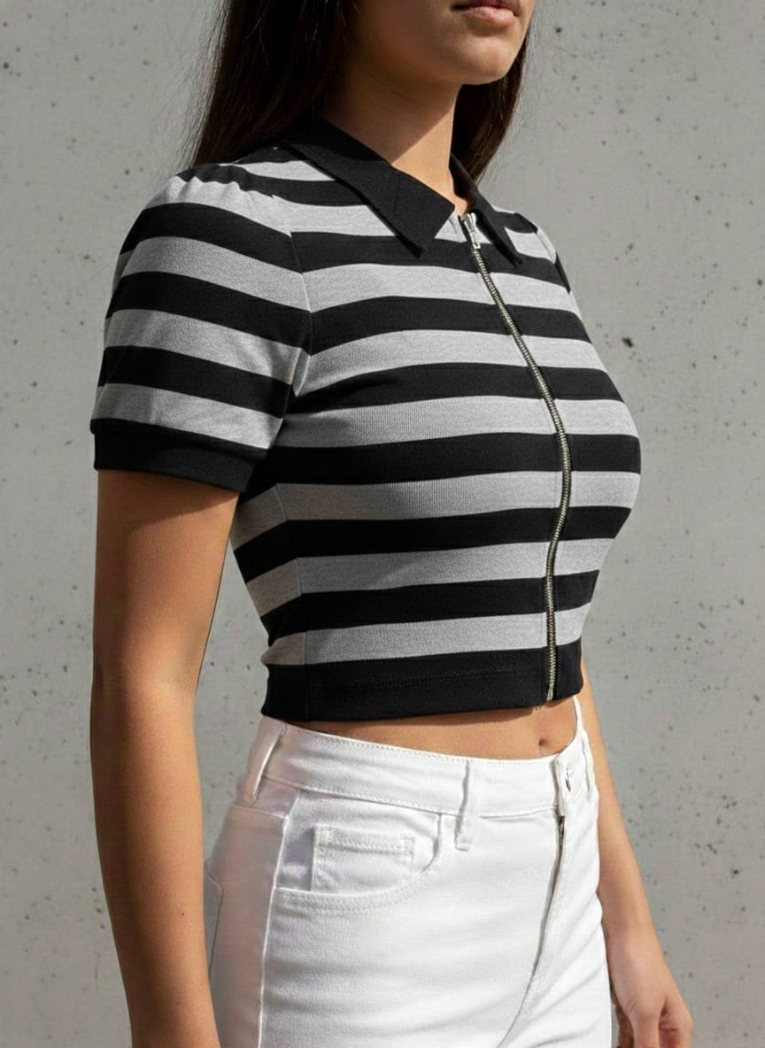 Blusas para damas de algodón, camisas para mujeres a rayas con zippers, estilo polo de cuello (sport)con escarcha