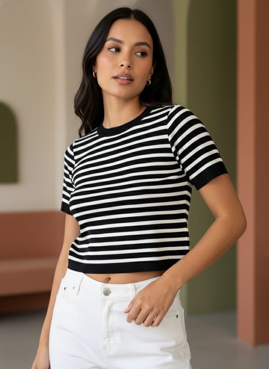 Crop top, camisas para mujeres a rayas, blusas de damas de algodón, camisas de cuello redondo