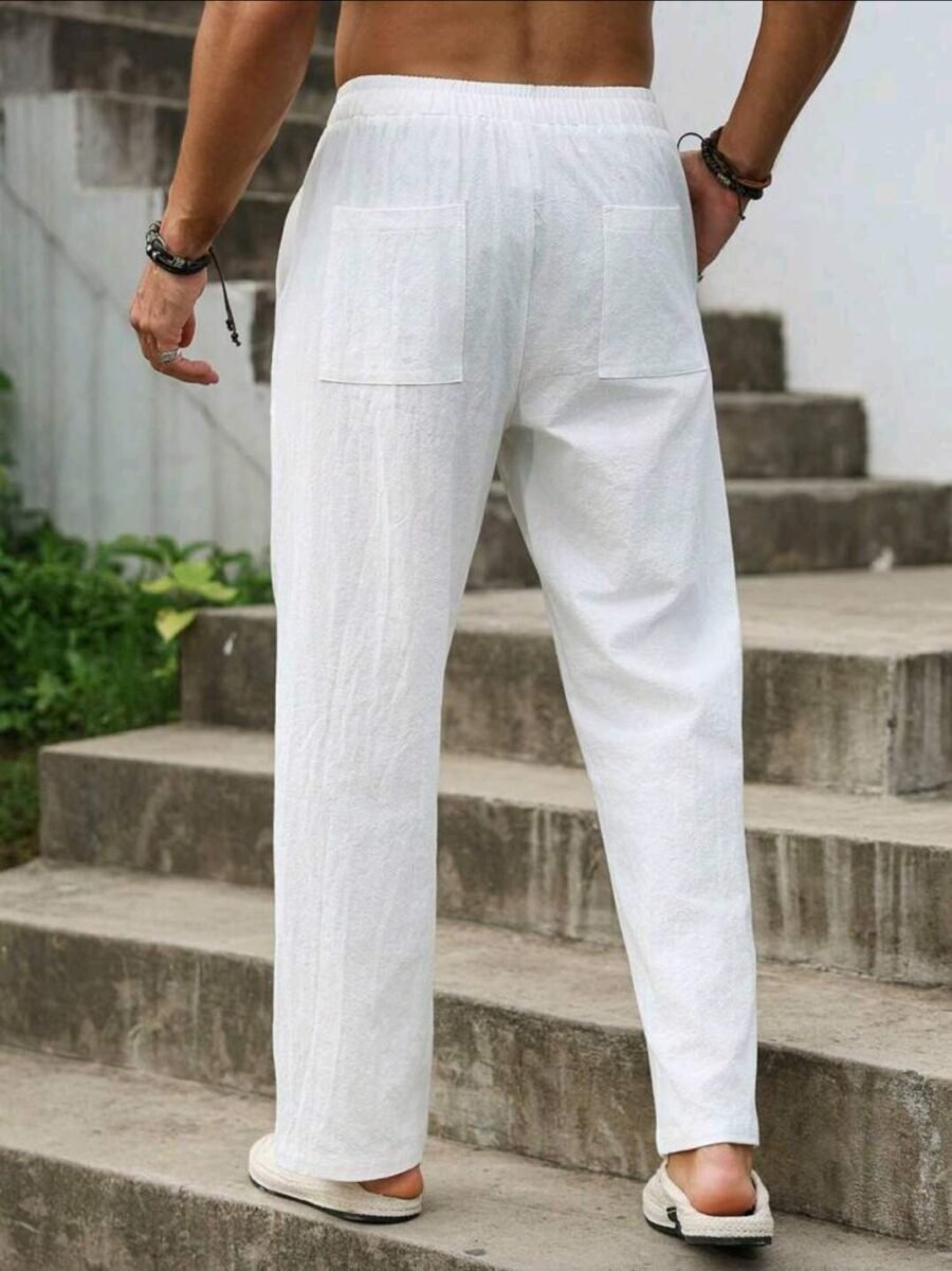 Pantalón de Lino Blanco Ligero con Bolsillos de Parche Delanteros para hombres (Ideal para verano), corte recto (Regular fit)