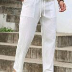 Pantalón de Lino Blanco Ligero con Bolsillos de Parche Delanteros para hombres (Ideal para verano), corte recto (Regular fit)