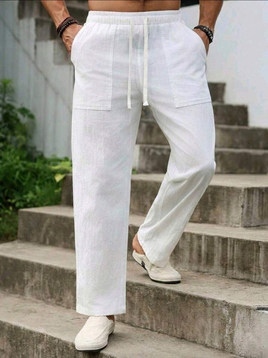 Pantalón de Lino Blanco Ligero con Bolsillos de Parche Delanteros para hombres (Ideal para verano), corte recto (Regular fit)