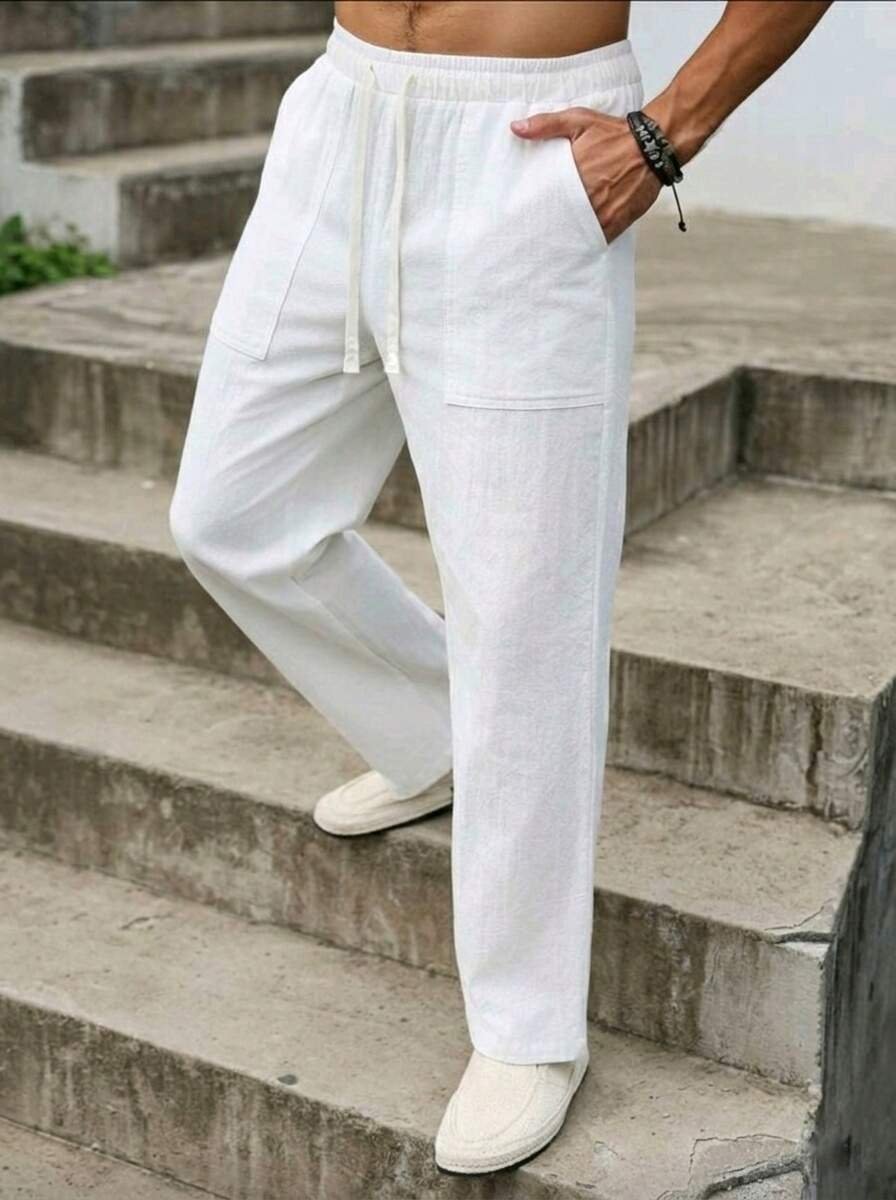 Pantalón de Lino Blanco Ligero con Bolsillos de Parche Delanteros para hombres (Ideal para verano), corte recto (Regular fit)