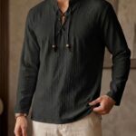 Camisa de Lino estilo Vikinga de verano con textura y cordones para hombres