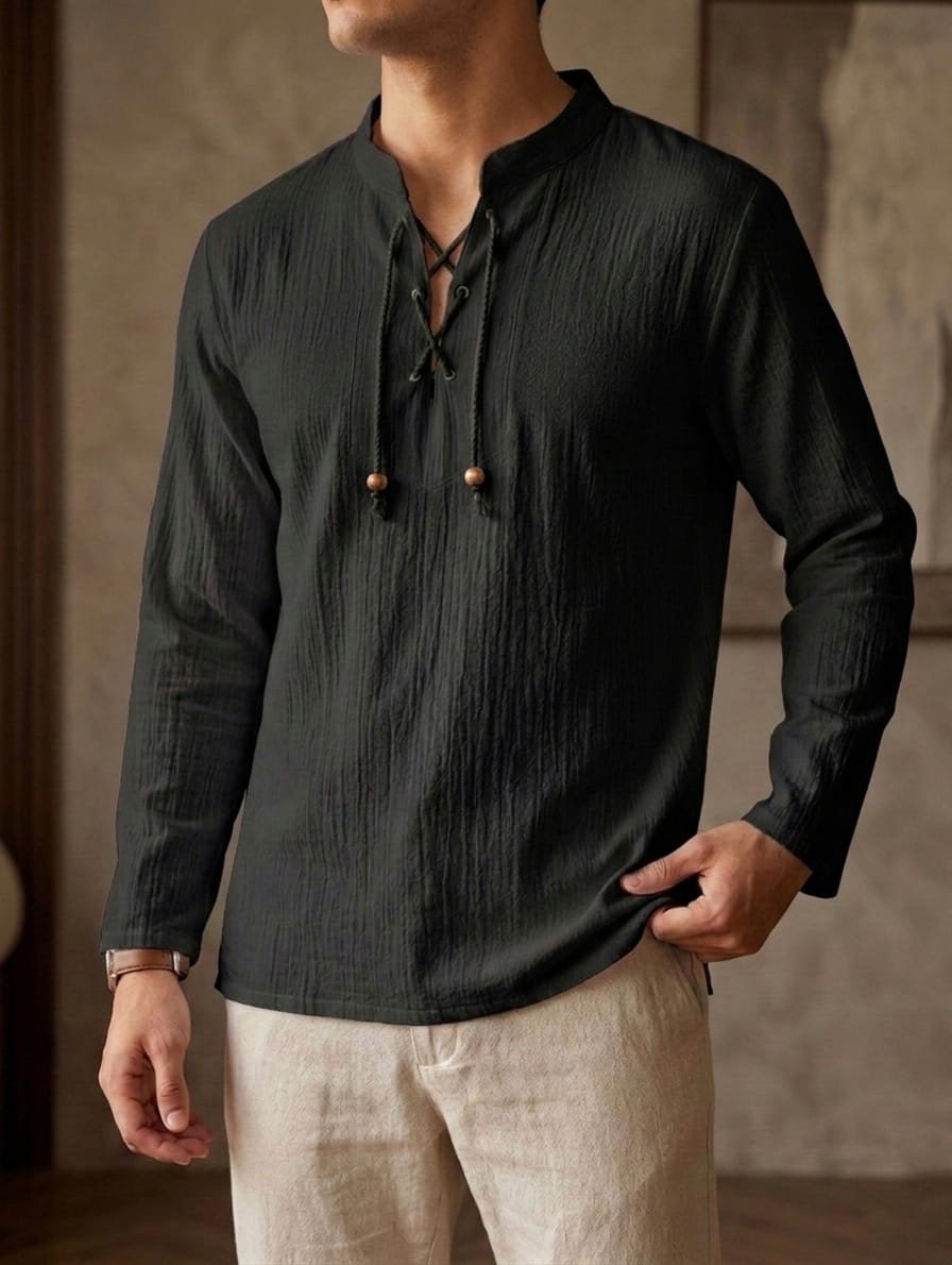 Camisa de Lino estilo Vikinga de verano con textura y cordones para hombres
