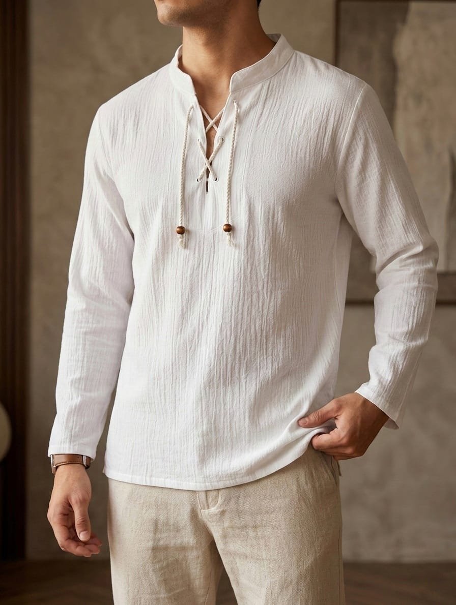 Camisa de Lino estilo Vikinga de verano con textura y cordones para hombres