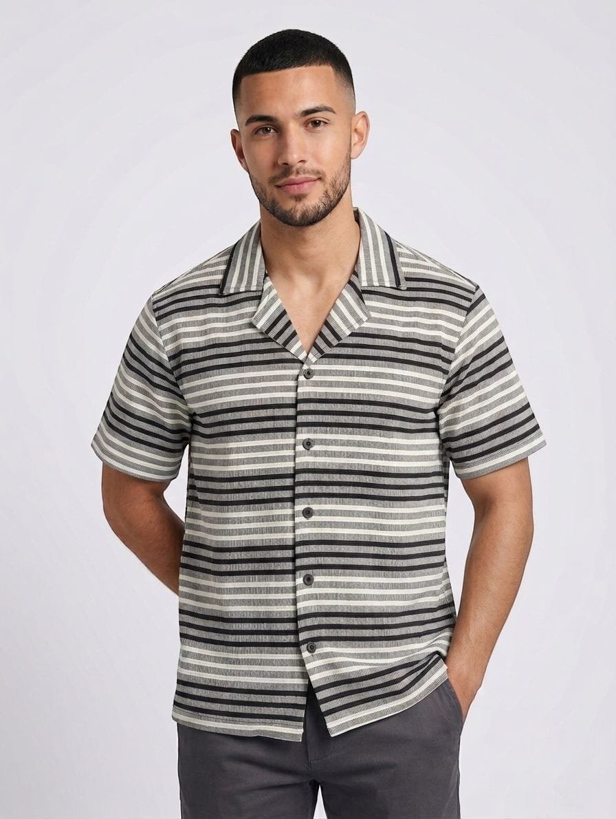 Camisa de rayas horizontales BRITISH DENIM para hombre, manga corta, cuello solapa, casual, camisa de vestir para hombres con botones manga corta