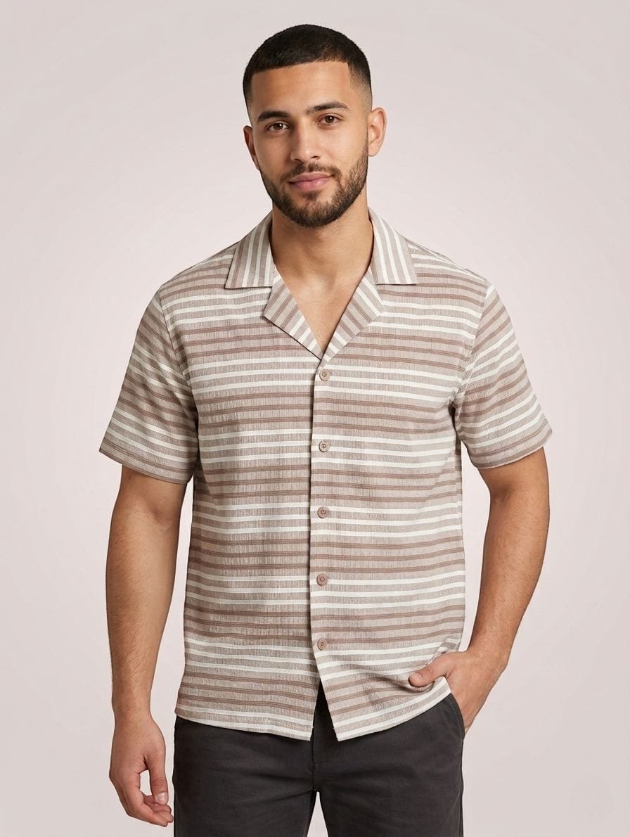 Camisa de rayas horizontales BRITISH DENIM para hombre, manga corta, cuello solapa, casual, camisa de vestir para hombres con botones manga corta