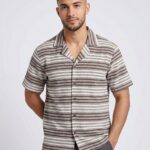 Camisa de rayas horizontales BRITISH DENIM para hombre, manga corta, cuello solapa, casual, camisa de vestir para hombres con botones manga corta