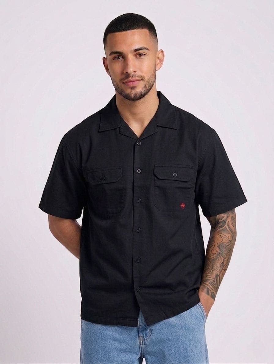 Camisa PAPAUPA para hombres de manga corta, cuello solapa, estilo casual, con bolsillos, versátil y cómoda, bolsas delanteras estilo columbia