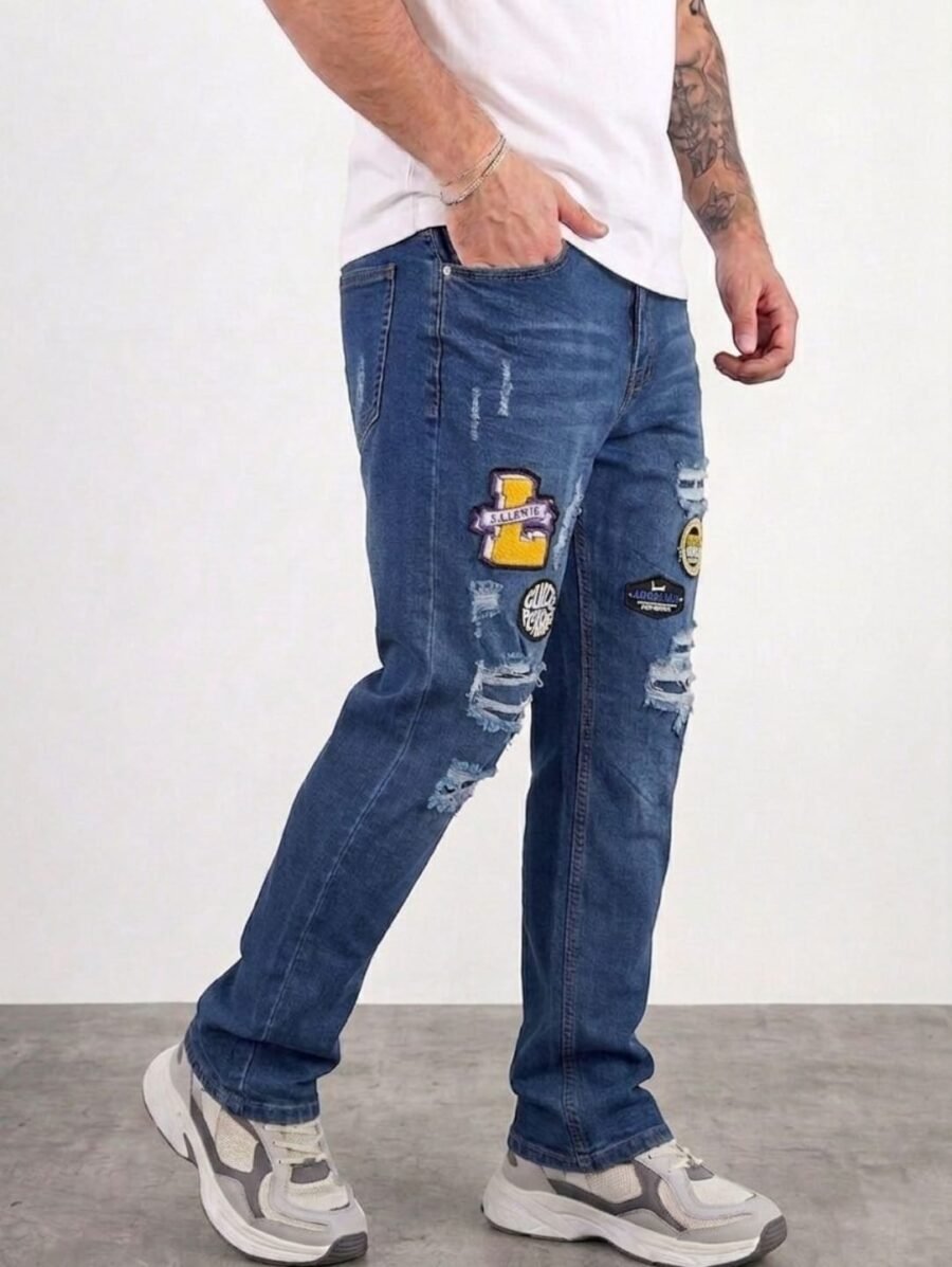 Pantalón para hombre ROYAL SPIRIT, jeans de mezclilla ajustados, estilo desgastado con parches bordados rotos urbanos, rasgado estilo urbano