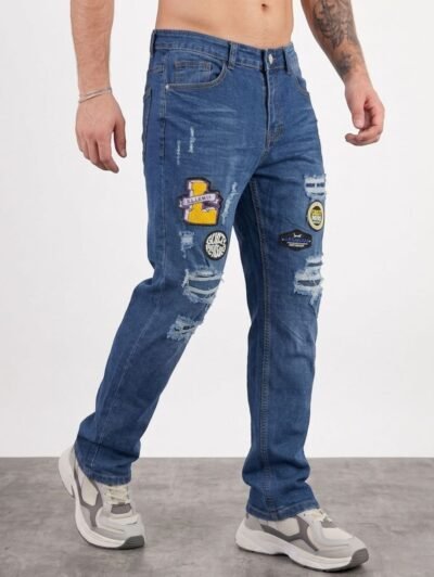 Pantalón para hombre ROYAL SPIRIT, jeans de mezclilla ajustados, estilo desgastado con parches bordados rotos urbanos, rasgado estilo urbano