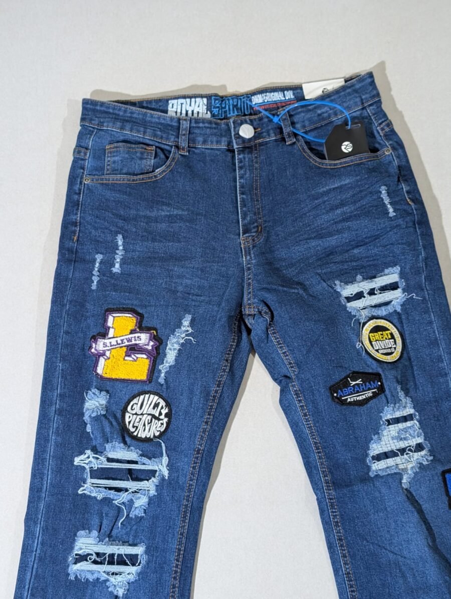Pantalón para hombre ROYAL SPIRIT, jeans de mezclilla ajustados, estilo desgastado con parches bordados rotos urbanos, rasgado estilo urbano