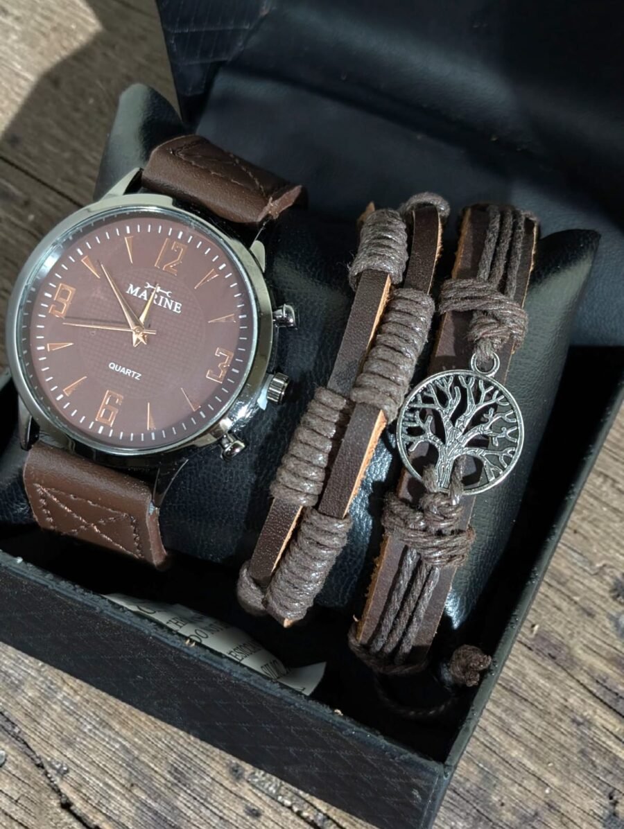 Combo Reloj + Pulseras para hombres, correa de cuero genuino, con charm Árbol de la Vida, Marrón y Negro.