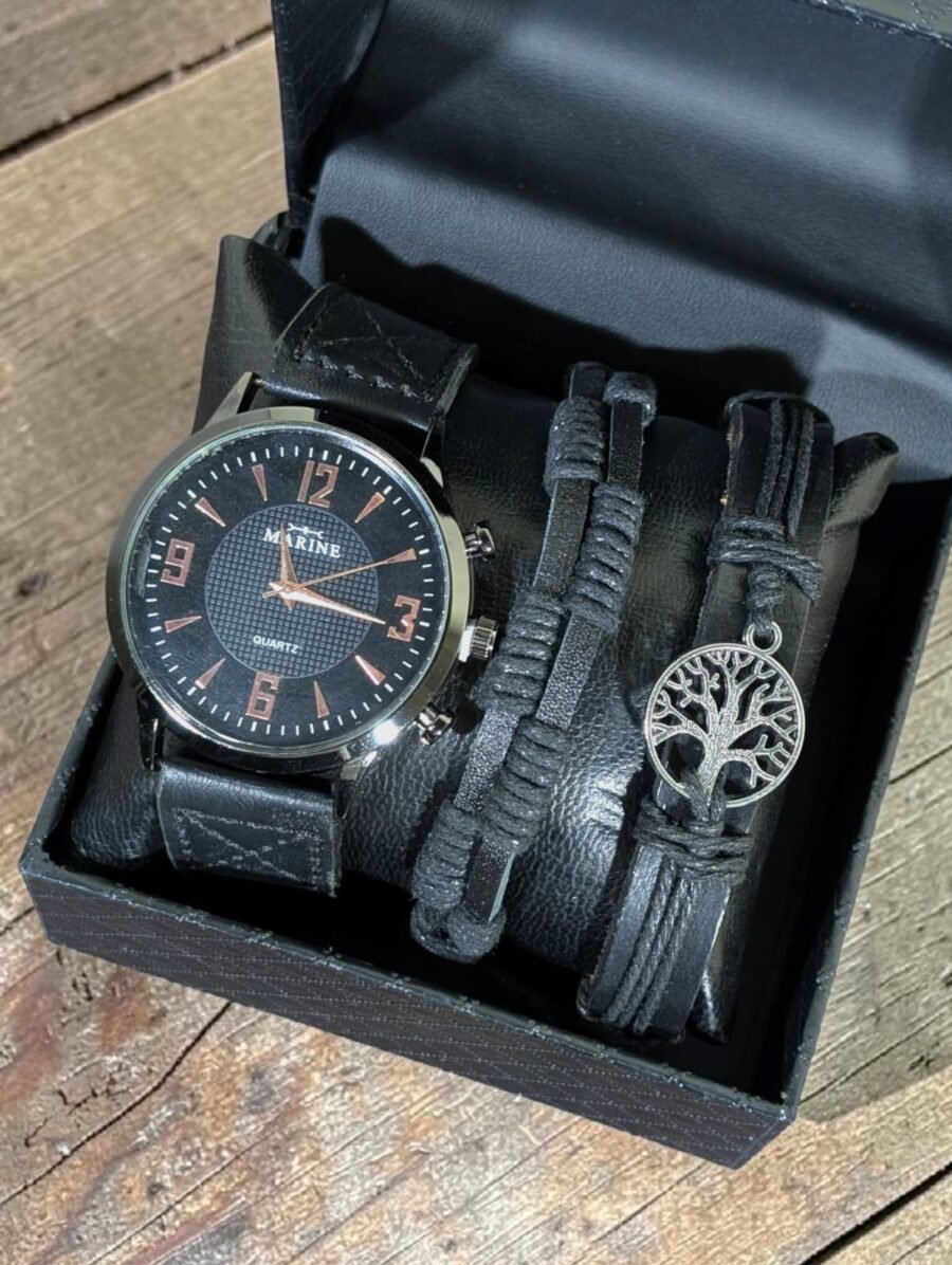 Combo Reloj + Pulseras para hombres, correa de cuero genuino, con charm Árbol de la Vida, Marrón y Negro.