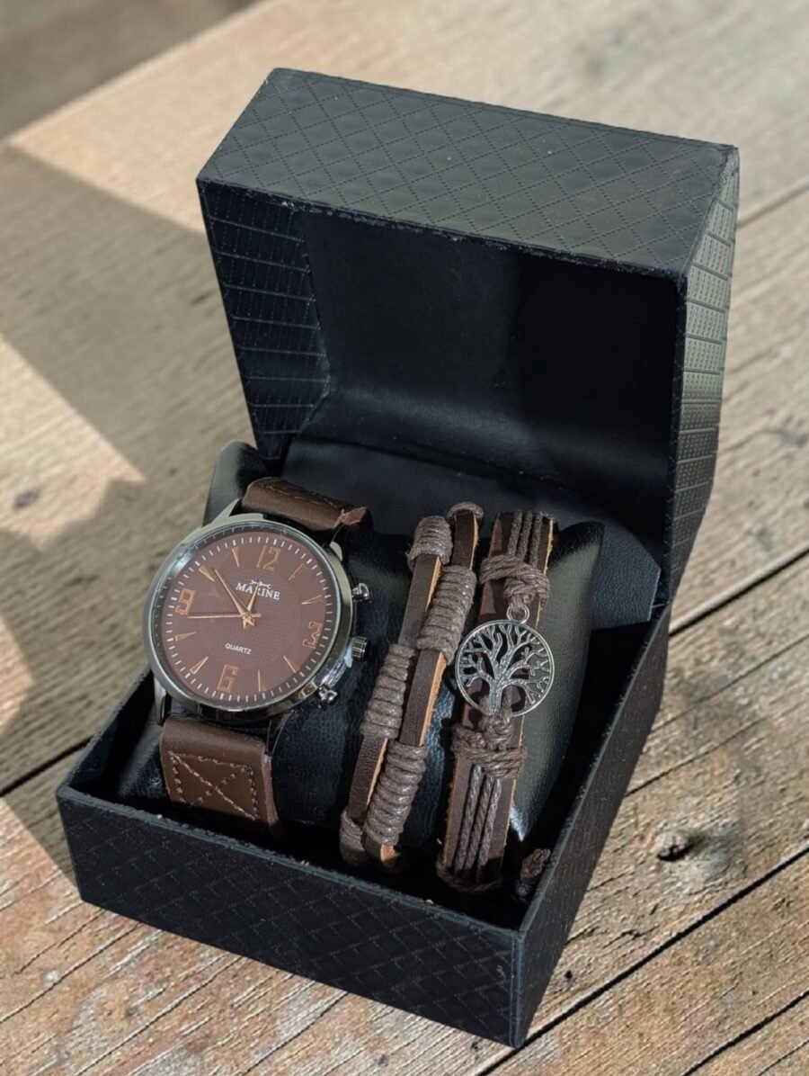 Combo Reloj + Pulseras para hombres, correa de cuero genuino, con charm Árbol de la Vida, Marrón y Negro.