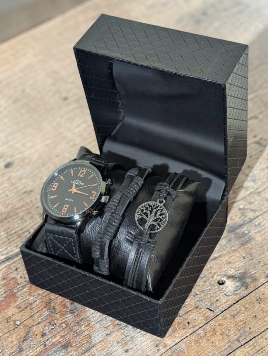 Combo Reloj + Pulseras para hombres, correa de cuero genuino, con charm Árbol de la Vida, Marrón y Negro.