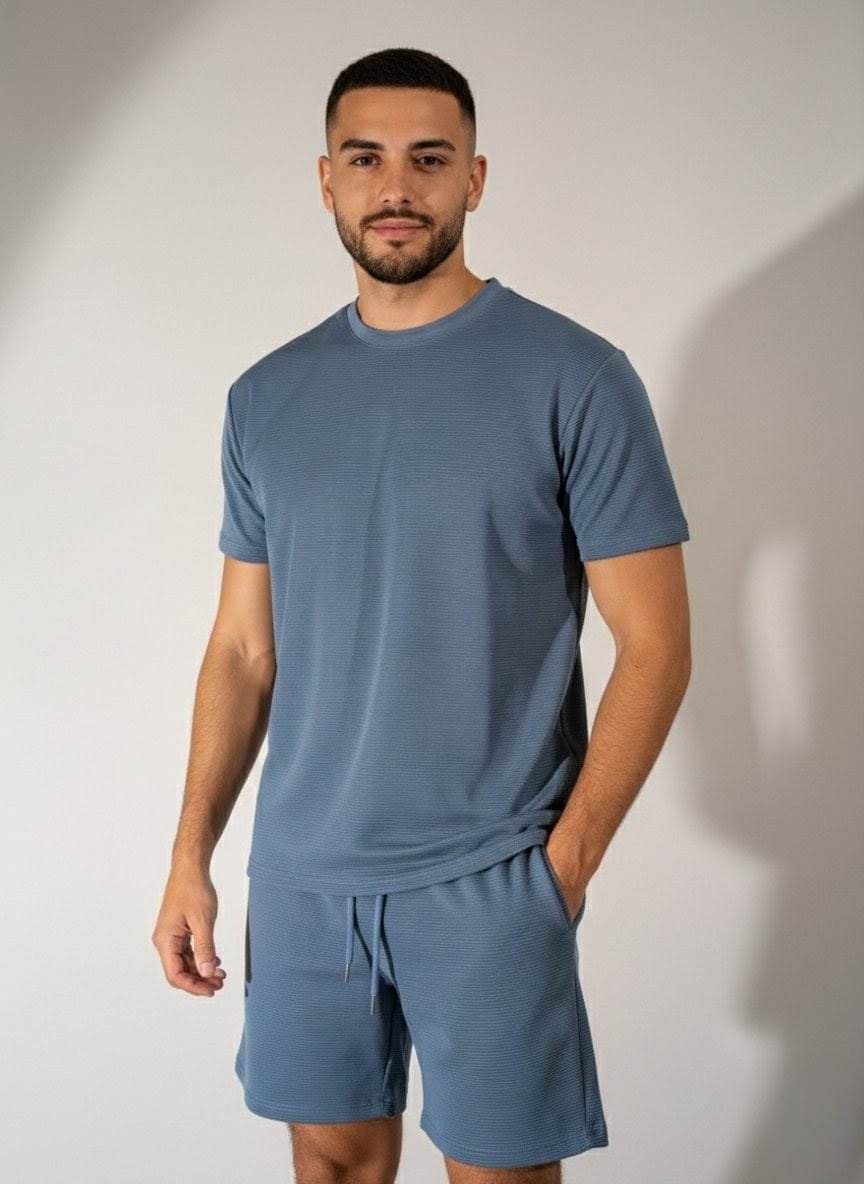 Conjunto Short Camisa Oversized para hombres, shores y camisas con tela de relieve, tejido waffle o panal, trajes de caballeros