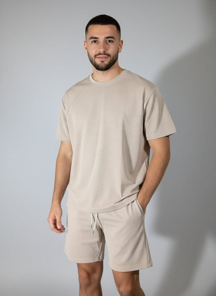 Conjunto Short Camisa Oversized para hombres, shores y camisas con tela de relieve, tejido waffle o panal, trajes de caballeros