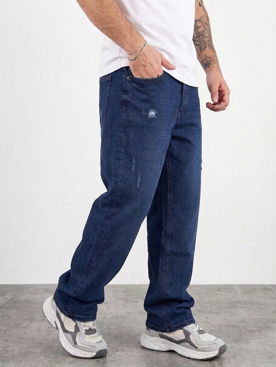 Pantalón Baggy Fit para hombres FUNK de mezclilla resistente azul lavado con estilo casual urbano moderno y versátil.