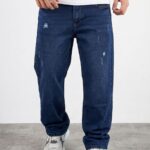 Pantalón Baggy Fit para hombres FUNK de mezclilla resistente azul lavado con estilo casual urbano moderno y versátil.