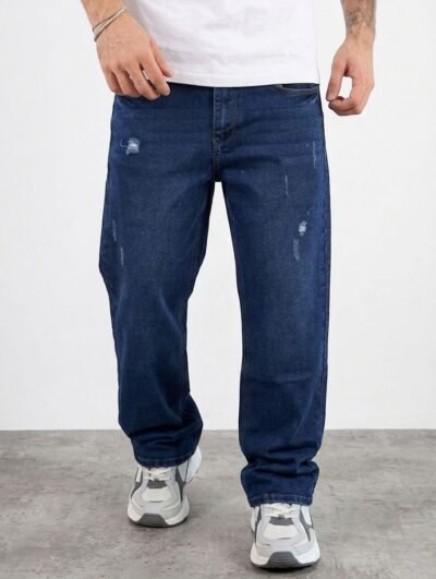 Pantalón Baggy Fit para hombres FUNK de mezclilla resistente azul lavado con estilo casual urbano moderno y versátil.
