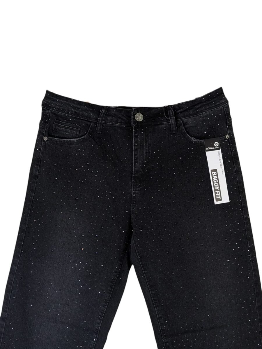 Pantalón baggy Royal Spirit con perlas negras y detalles brillantes, estilo moderno y urbano, disponibles en varias tallas para hombre.