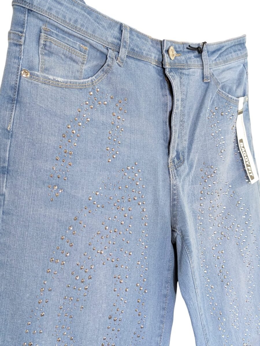 Pantalón corte baggy Royal Spirit para hombres, mezclilla azul claro con pedrería brillantes estilo urbano moderno y juvenil, pantalon con perlas incrustadas, escarche
