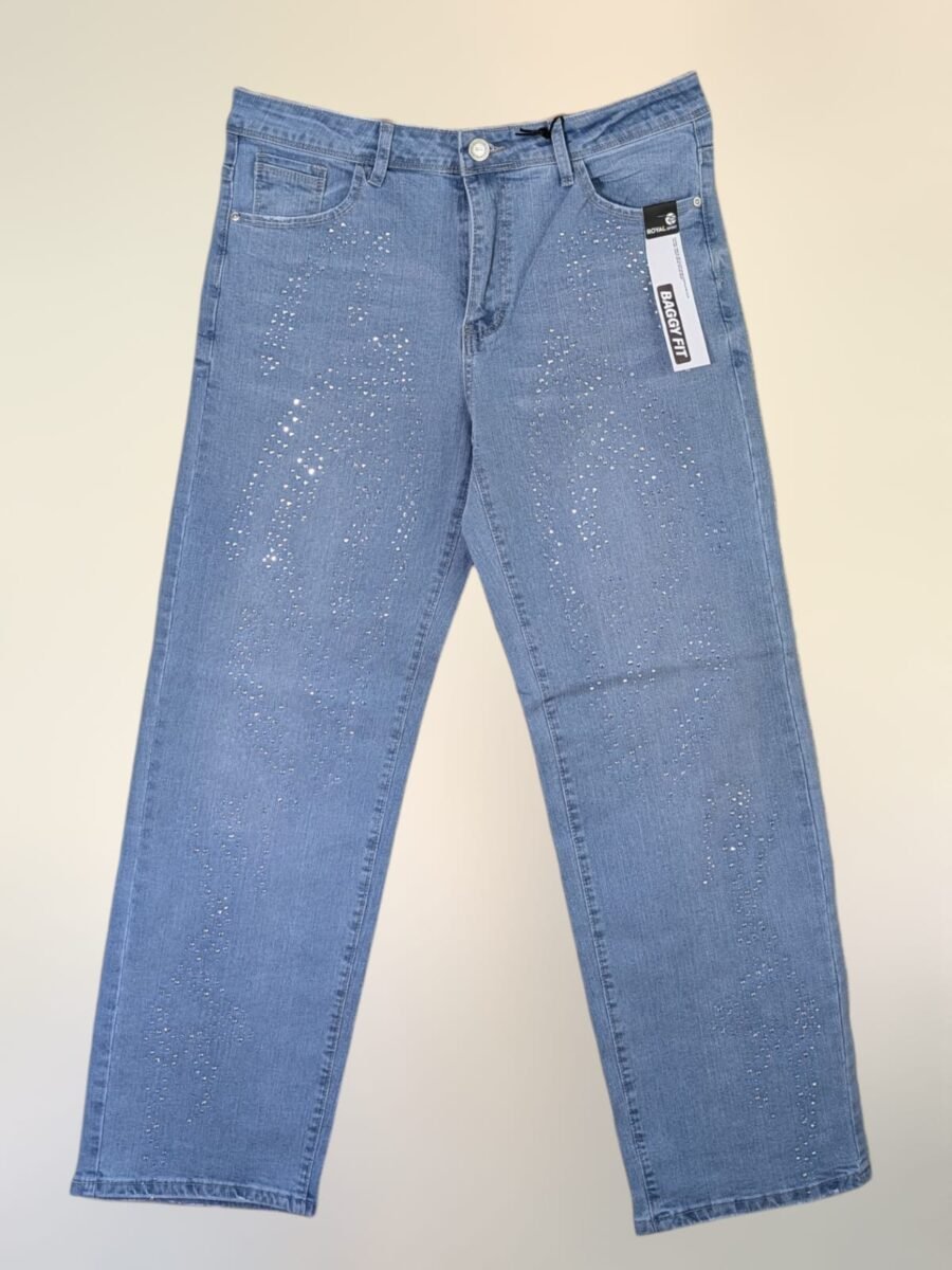 Pantalón corte baggy Royal Spirit para hombres, mezclilla azul claro con pedrería brillantes estilo urbano moderno y juvenil, pantalon con perlas incrustadas, escarche