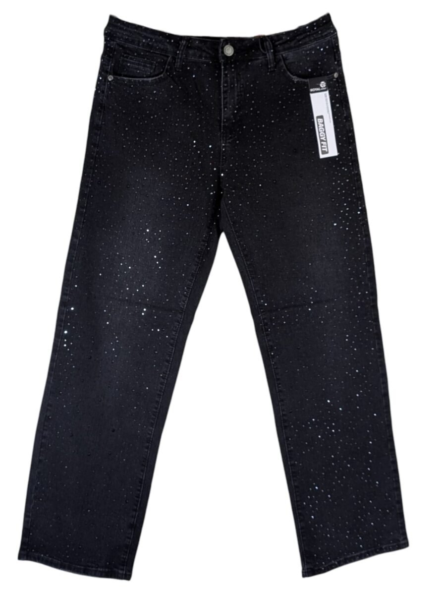 Pantalón baggy Royal Spirit con perlas negras y detalles brillantes, estilo moderno y urbano, disponibles en varias tallas para hombre.