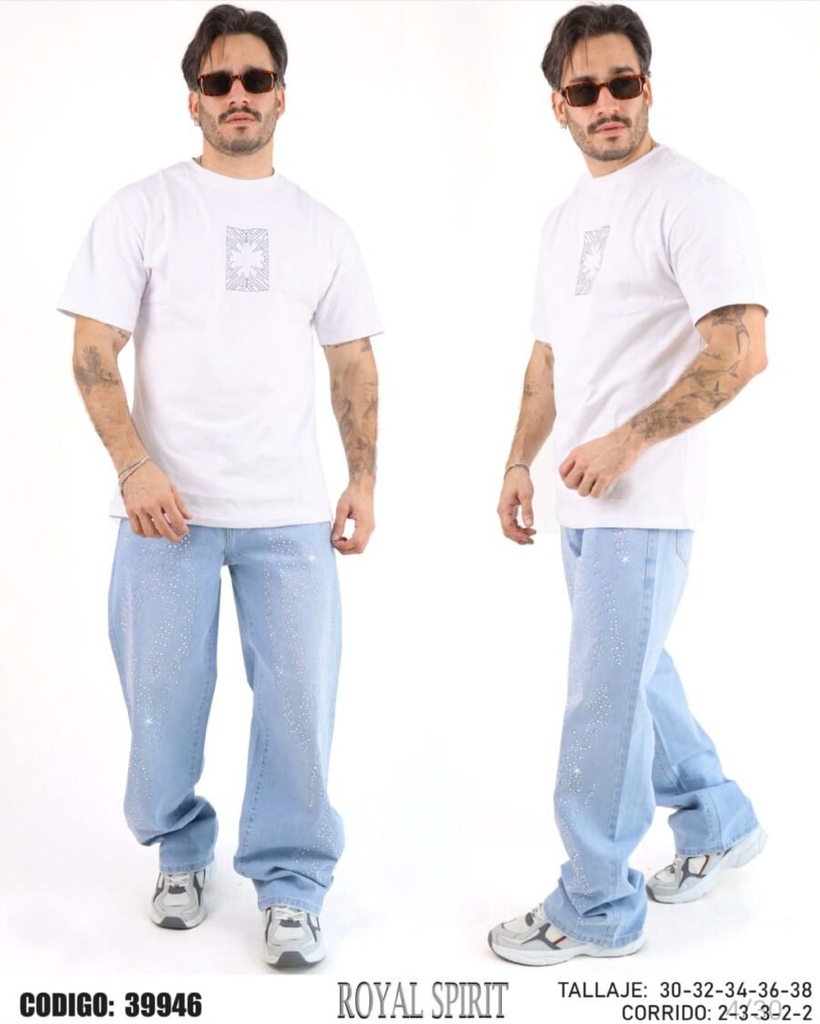 Pantalón corte baggy Royal Spirit para hombres, mezclilla azul claro con pedrería brillantes estilo urbano moderno y juvenil, pantalon con perlas incrustadas, escarche