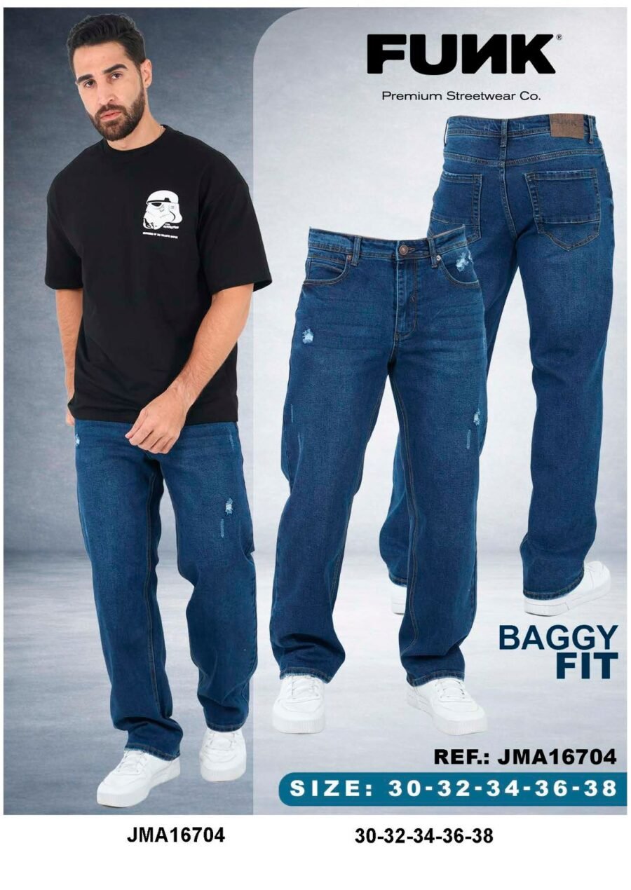 Pantalón Baggy Fit para hombres FUNK de mezclilla resistente azul lavado con estilo casual urbano moderno y versátil.