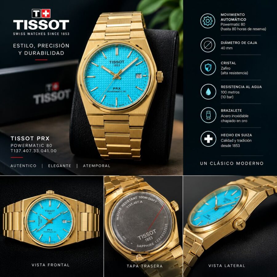 Reloj de acero TISSOT para hombres, modelo PRX Powermatic 80 automático con dial texturizado y brazalete integrado.